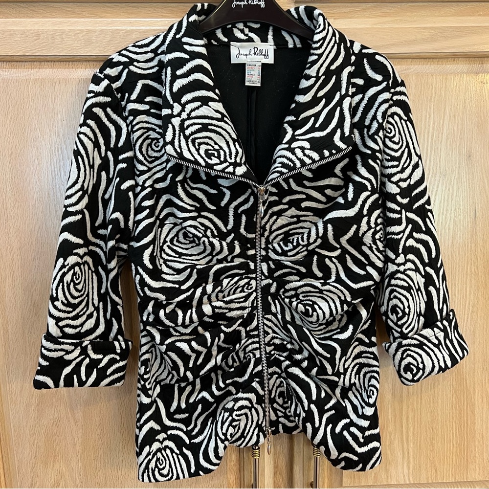 Joseph Ribkoff Black and White Floral Zebra-Print Zip Front Jacket